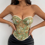 French Style Small Batch Fishbone Vntage Floral Printed Bustier Lace Trimmed And Tied Up Corset 70112
