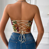 French Style Small Batch Fishbone Vntage Floral Printed Bustier Lace Trimmed And Tied Up Corset 70112