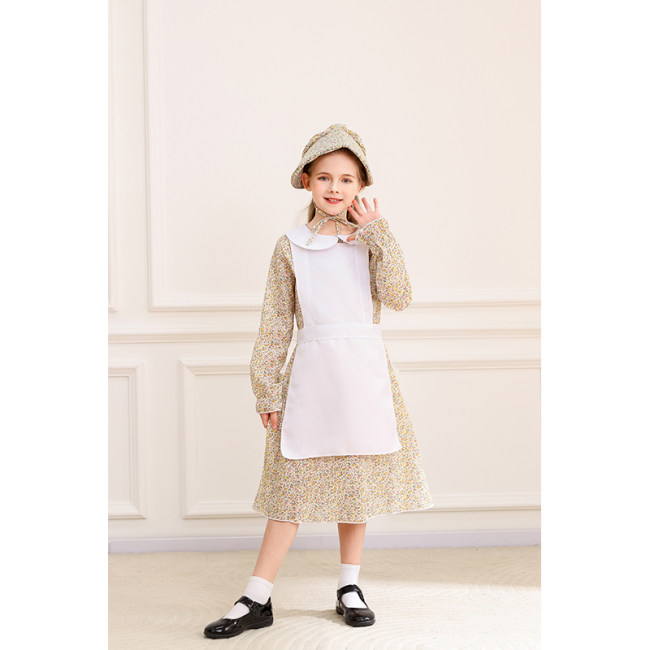 Children's Floral Colonial Grassland Pioneer and Trailblazer Costume Cosplay Country Long Dress MS5636