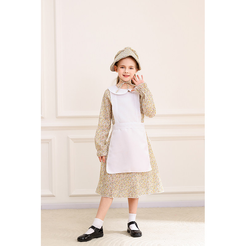 Children's Floral Colonial Grassland Pioneer and Trailblazer Costume Cosplay Country Long Dress MS5636