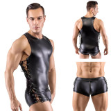 Erotic Underwear Men's Patent Leather Suit Sexy Black Strappy Vest Shorts Bar Performance N818