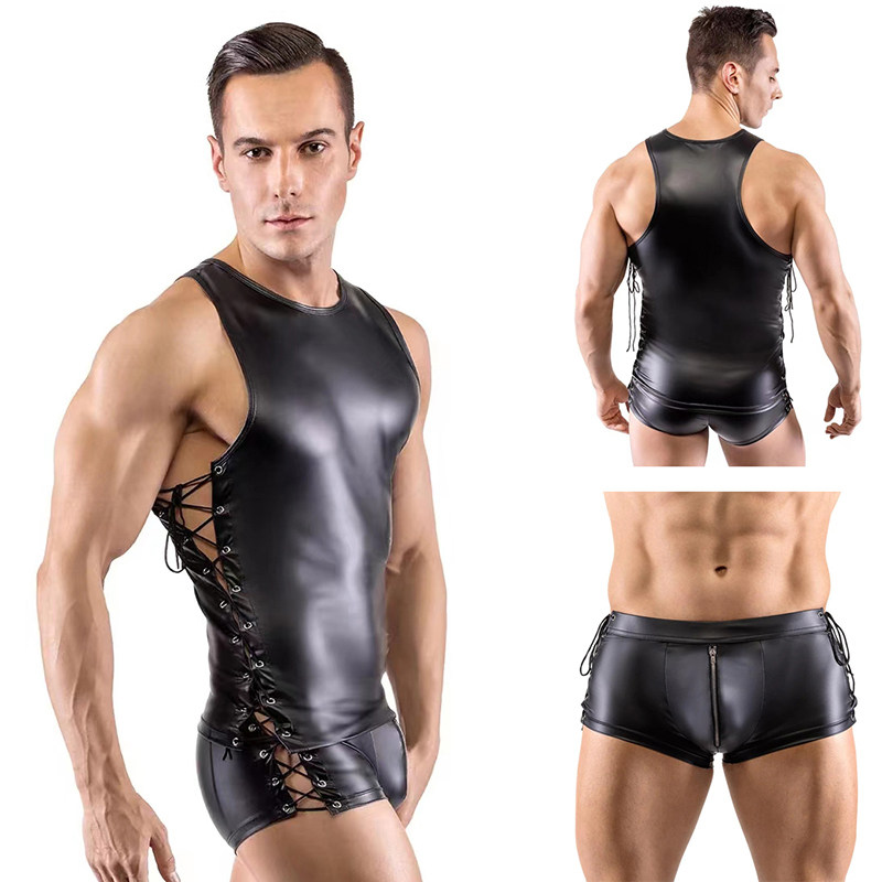 Erotic Underwear Men's Patent Leather Suit Sexy Black Strappy Vest Shorts Bar Performance N818