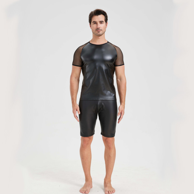 Men's Sexy Matte Leather Vest Shiny Short Sleeved T-shirt Sporty Top Performance Costume N842