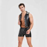 Sexy Men Vest Nightclub Stage Costume Men's Sexy Lingerie Black Patent Leather Vest and Shorts N843