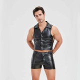 Sexy Men Vest Nightclub Stage Costume Men's Sexy Lingerie Black Patent Leather Vest and Shorts N843