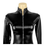 Sexy Zipper Open-Crotch Latex Shiny PU Sex Lingerie Oily Patent Leather Nightclub Jumpsuit XX6716