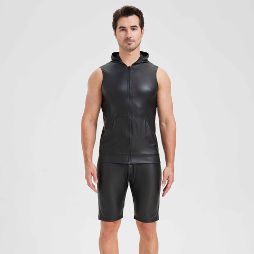 Sexy Shiny Men's Suit Vest Jackets Sporty and Casual Men's Leather Hooded Vests N837