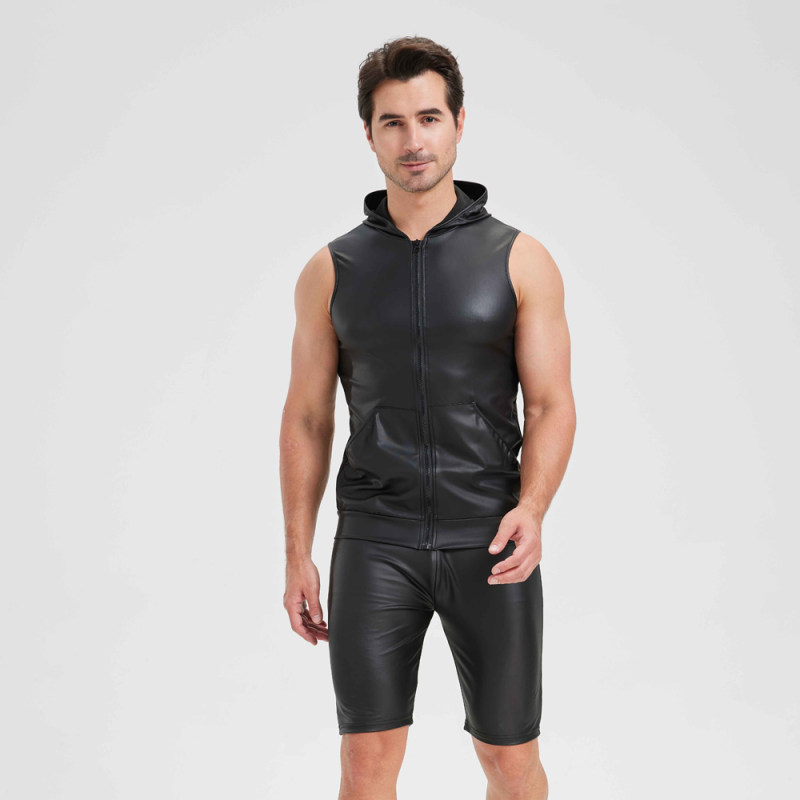 Sexy Shiny Men's Suit Vest Jackets Sporty and Casual Men's Leather Hooded Vests N837