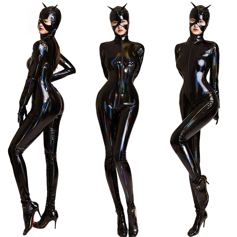 Adult Cat Girl Cosplay Costume Women Sexy Shiny Leather PU Zipper Open Crotch Bodysuit XX69039