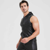 Sexy Shiny Men's Suit Vest Jackets Sporty and Casual Men's Leather Hooded Vests N837