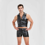 Sexy Men Vest Nightclub Stage Costume Men's Sexy Lingerie Black Patent Leather Vest and Shorts N843