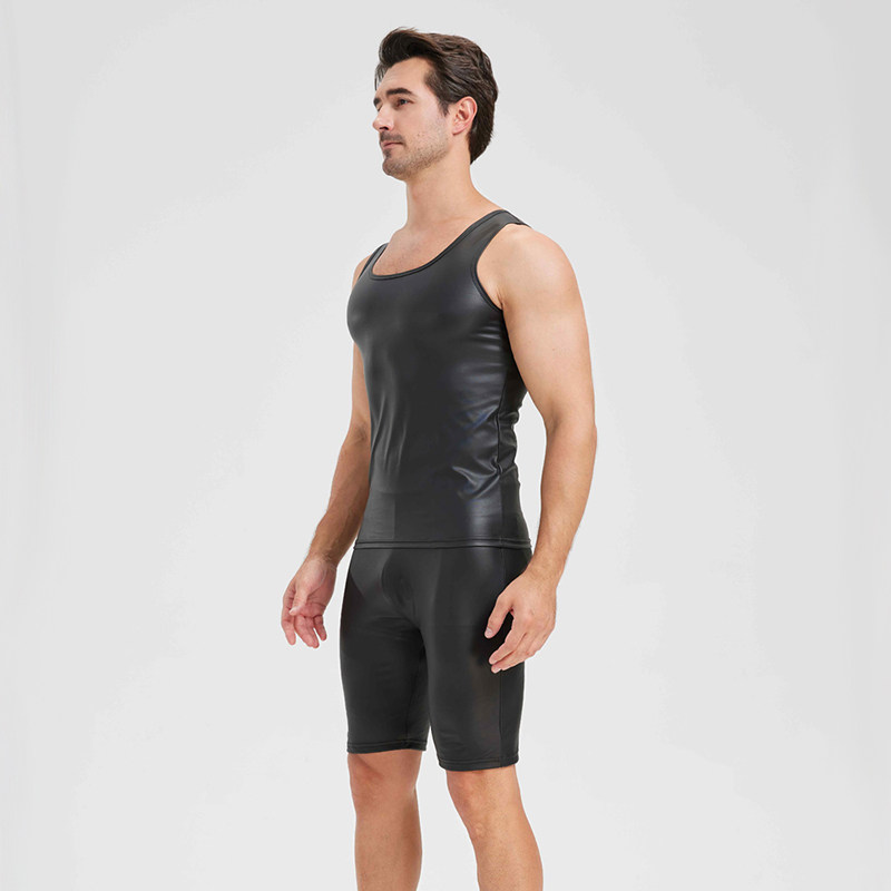 Men's Sexy Charming Matte Leather Vest Shiny Leather Sleeveless T-shirt Tight Fitting Costume N836
