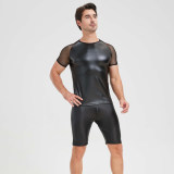 Men's Sexy Matte Leather Vest Shiny Short Sleeved T-shirt Sporty Top Performance Costume N842
