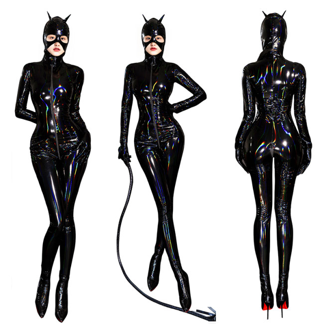 Adult Cat Girl Cosplay Costume Women Sexy Shiny Leather PU Zipper Open Crotch Bodysuit XX69039