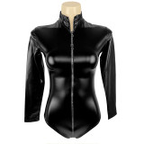 Sexy Zipper Open-Crotch Latex Shiny PU Sex Lingerie Oily Patent Leather Nightclub Jumpsuit XX6716
