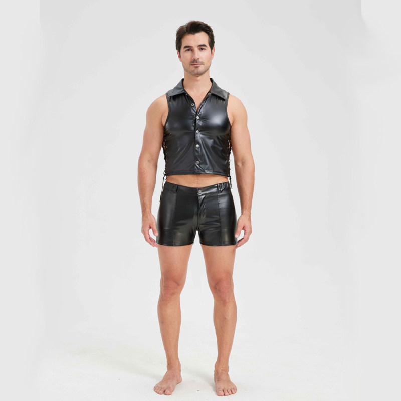 Sexy Men Vest Nightclub Stage Costume Men's Sexy Lingerie Black Patent Leather Vest and Shorts N843