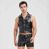 Sexy Men Vest Nightclub Stage Costume Men's Sexy Lingerie Black Patent Leather Vest and Shorts N843
