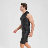 Sexy Shiny Men's Suit Vest Jackets Sporty and Casual Men's Leather Hooded Vests N837
