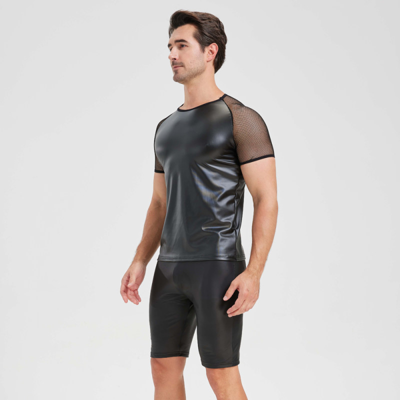 Men's Sexy Matte Leather Vest Shiny Short Sleeved T-shirt Sporty Top Performance Costume N842
