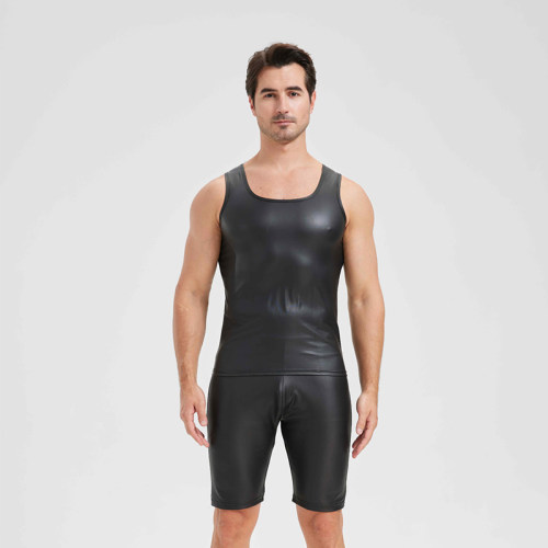 Men's Sexy Charming Matte Leather Vest Shiny Leather Sleeveless T-shirt Tight Fitting Costume N836