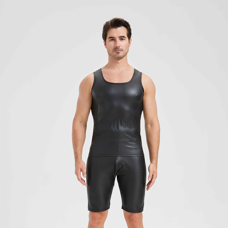 Men's Sexy Charming Matte Leather Vest Shiny Leather Sleeveless T-shirt Tight Fitting Costume N836