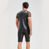 Men's Sexy Matte Leather Vest Shiny Short Sleeved T-shirt Sporty Top Performance Costume N842