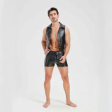 Sexy Men Vest Nightclub Stage Costume Men's Sexy Lingerie Black Patent Leather Vest and Shorts N843