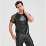 Men's Sexy Matte Leather Vest Shiny Short Sleeved T-shirt Sporty Top Performance Costume N842