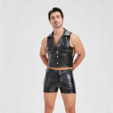 Sexy Men Vest Nightclub Stage Costume Men's Sexy Lingerie Black Patent Leather Vest and Shorts N843