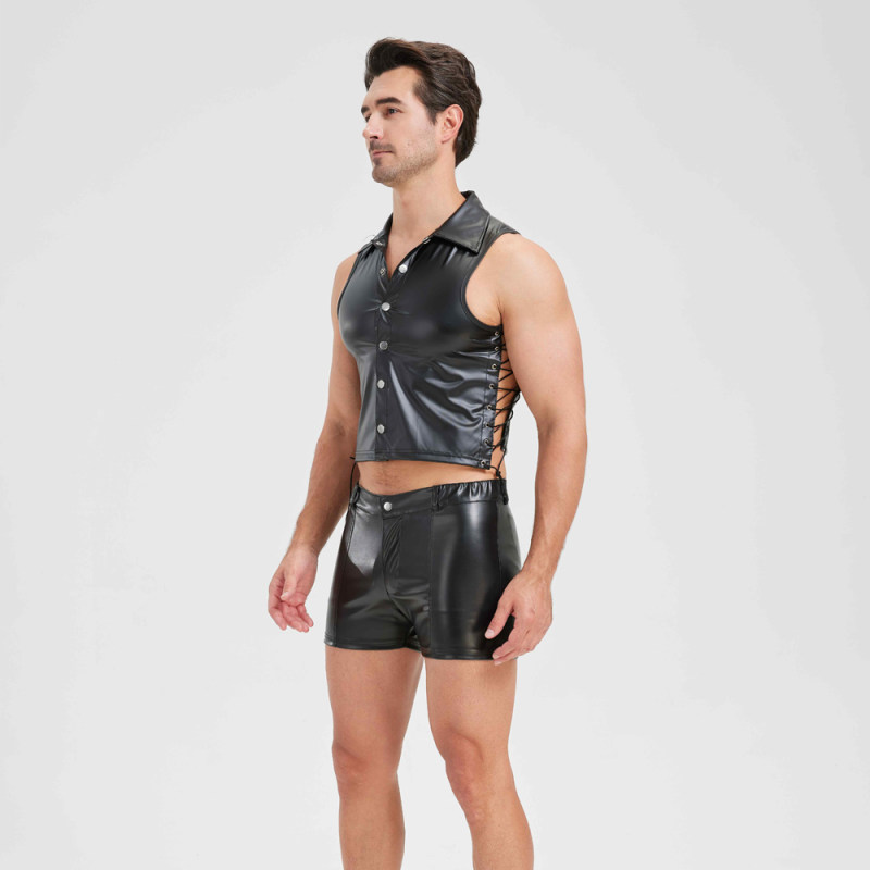 Sexy Men Vest Nightclub Stage Costume Men's Sexy Lingerie Black Patent Leather Vest and Shorts N843