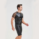 Men's Sexy Matte Leather Vest Shiny Short Sleeved T-shirt Sporty Top Performance Costume N842
