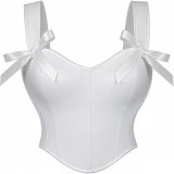 Slimming Fishbone Halter Top Bustier with Bow Ties Square Neck Beautiful Corset White Top AM22053A