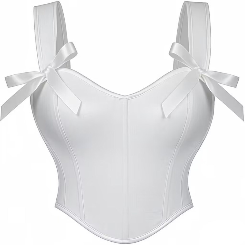 Slimming Fishbone Halter Top Bustier with Bow Ties Square Neck Beautiful Corset White Top AM22053A