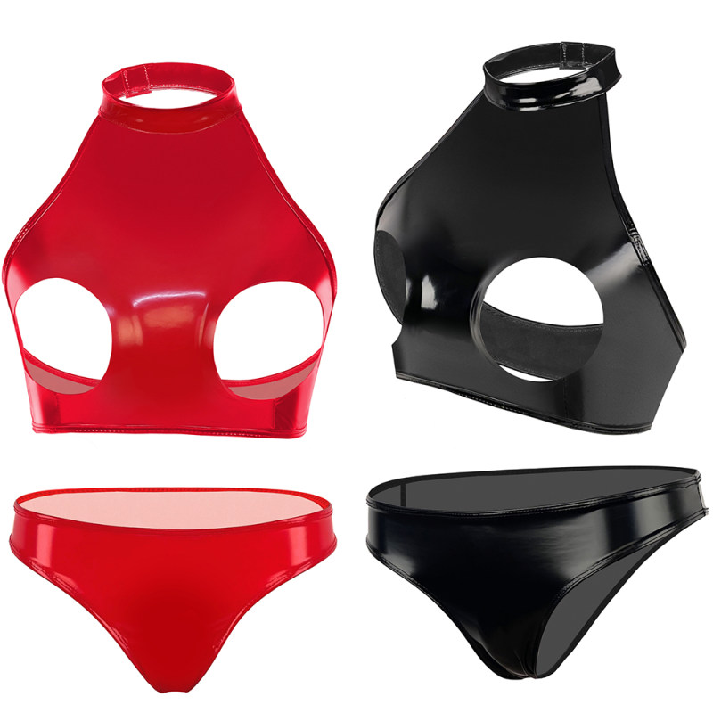 Women Leather Briefs High Gloss PVC Suit Latex Ammonia PU Sexy Bra Revealing Sex Bra Briefs XX6509