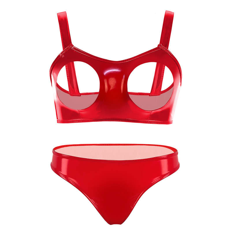 Sexy Revealing Sex Bras Briefs Suit Leather Two Piece PVC Latex Ammonia PU Bras Suit XX6510