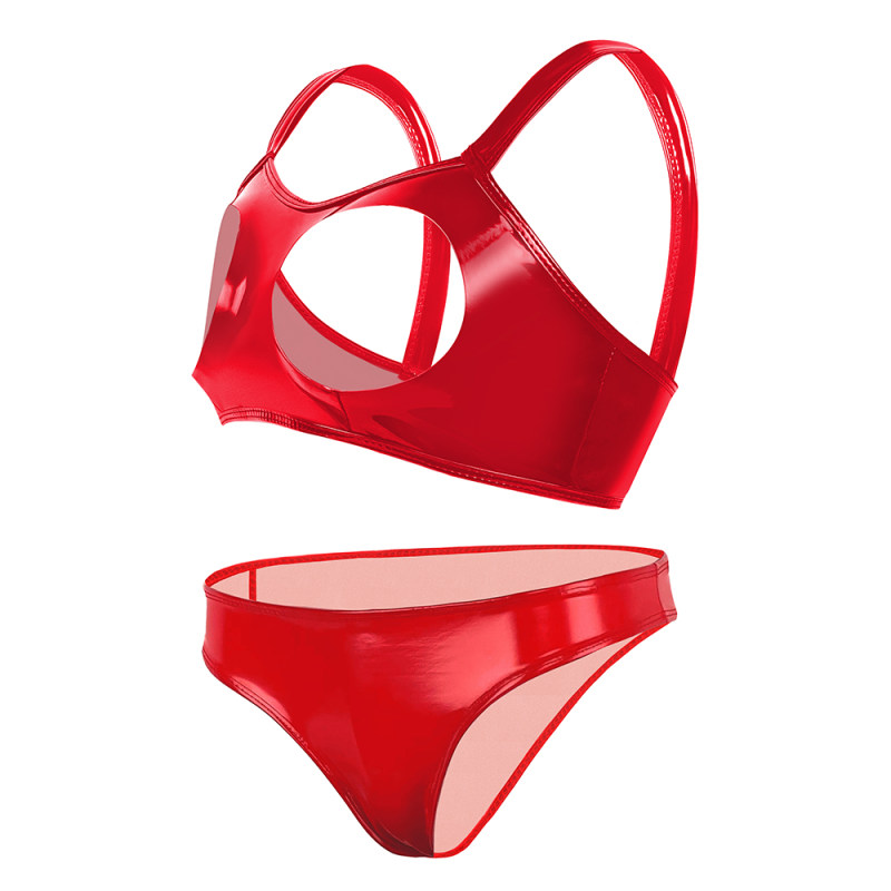 Sexy Revealing Sex Bras Briefs Suit Leather Two Piece PVC Latex Ammonia PU Bras Suit XX6510