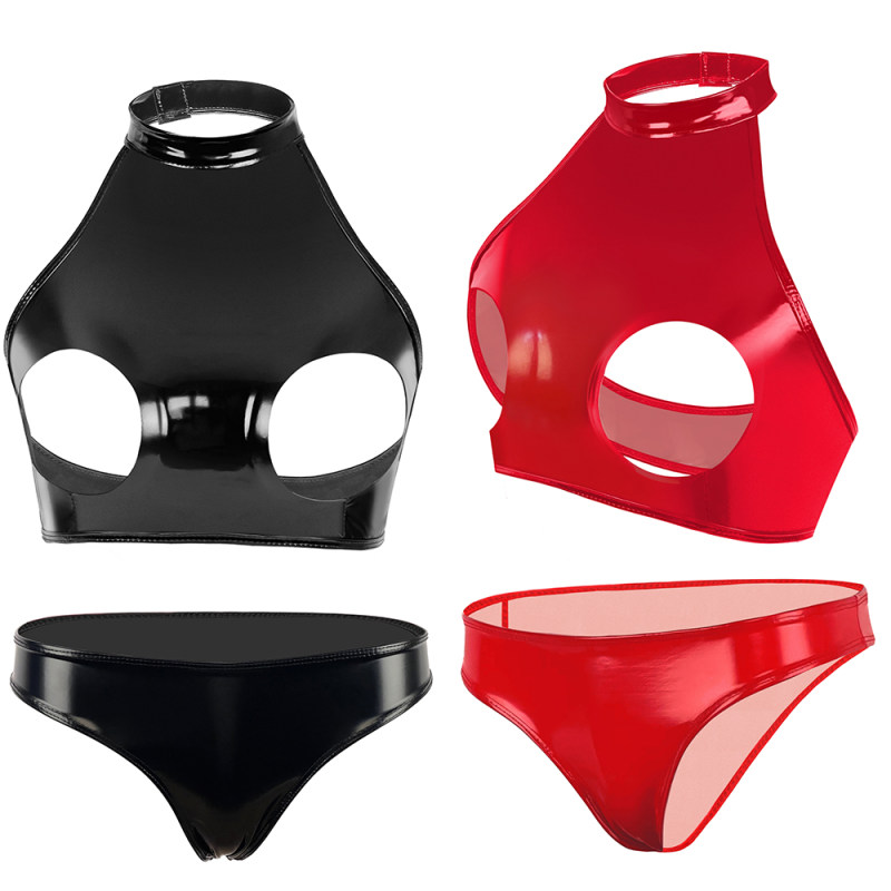 Women Leather Briefs High Gloss PVC Suit Latex Ammonia PU Sexy Bra Revealing Sex Bra Briefs XX6509
