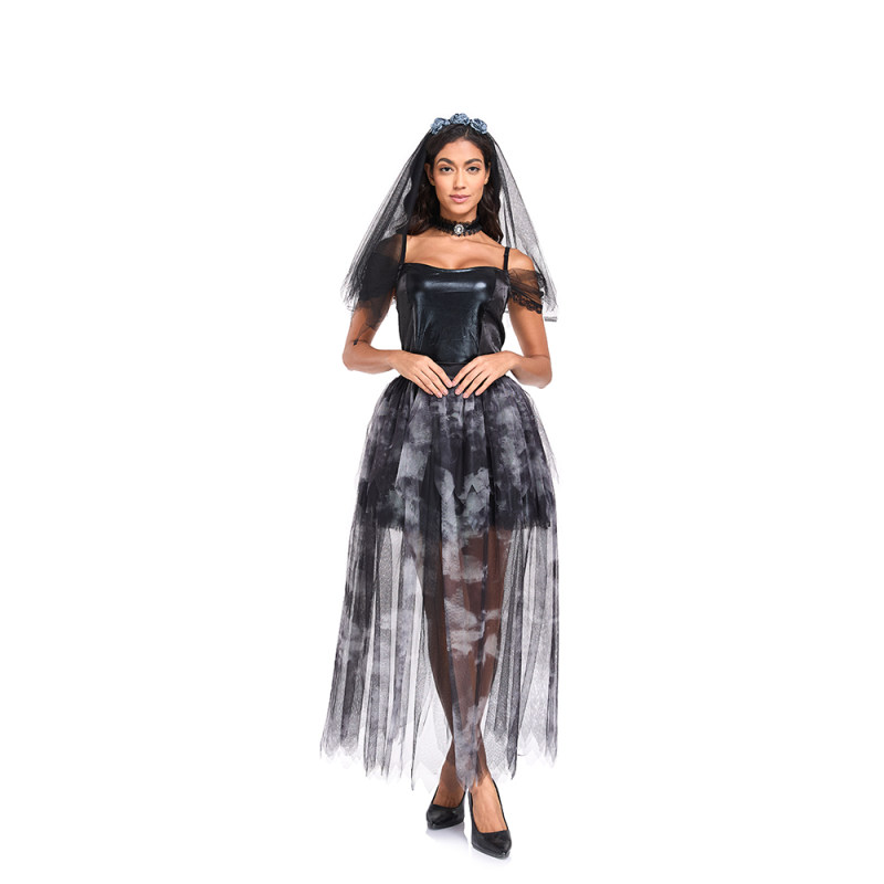 Halloween Adult Costume Dark Gothic Style Women Black Witch Cosplay Ghost Gride Dress SM1966