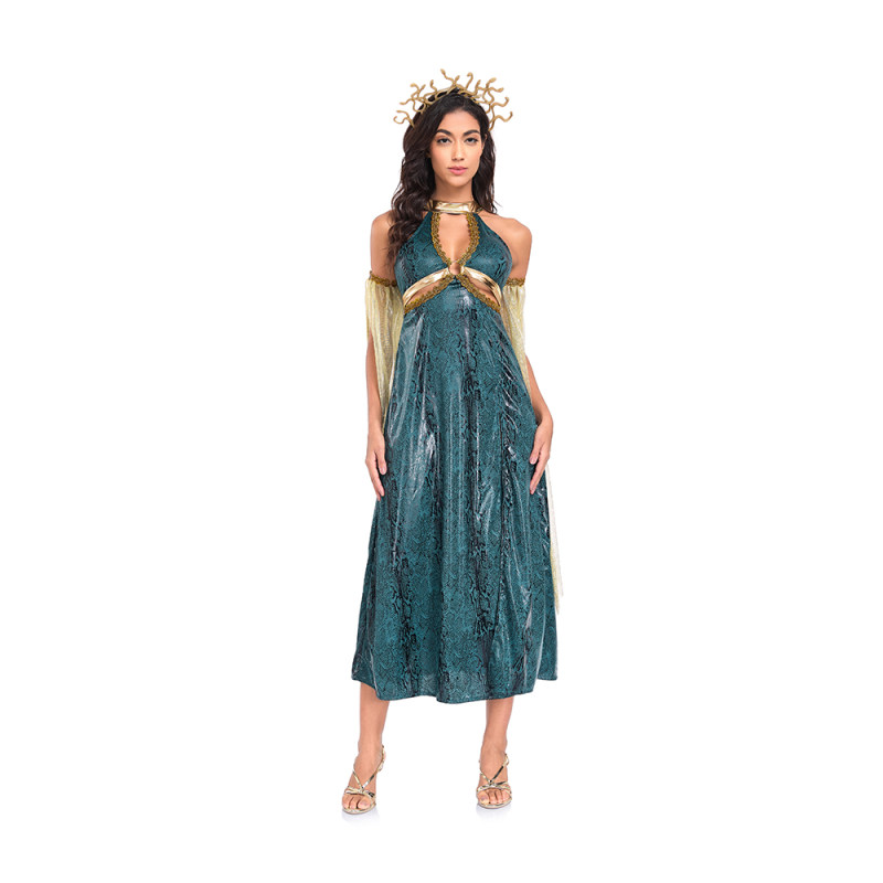Sexy Dress Costumes Dark Green Snake Patterned Slit Long Dress Mythological Sea Monster Uniform SM2047