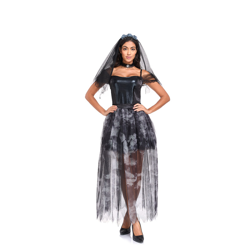 Halloween Adult Costume Dark Gothic Style Women Black Witch Cosplay Ghost Gride Dress SM1966
