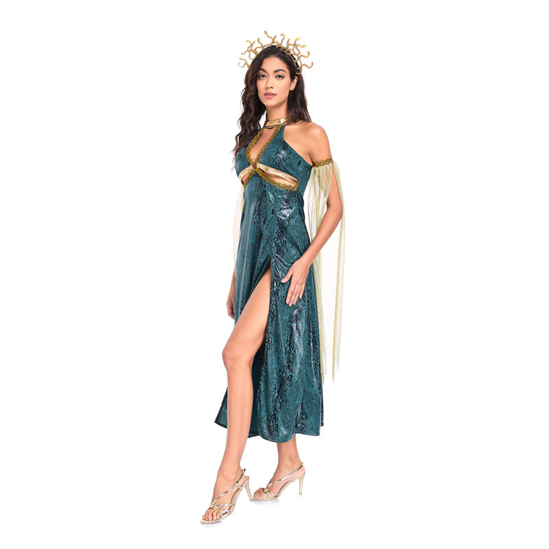 Sexy Dress Costumes Dark Green Snake Patterned Slit Long Dress Mythological Sea Monster Uniform SM2047