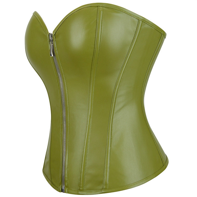 Women Faux Leather Corset Top Sexy Gothic Grass green Zipper Korset Bustier Vintage Burlesque Lingerie Party Club Corselet  TG906