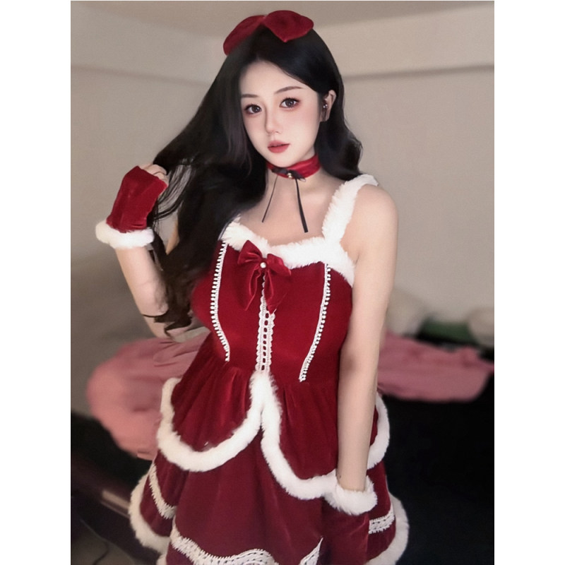 New red Christmas dress for Halloween velvet sexy cosplay as a bunny girl, New Year's battle dress DL2068