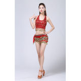 Stage Tie-up Halter Top and Skirt Belly Dance Rhinestone Sequins Sexy Tow Piece Costume D1815