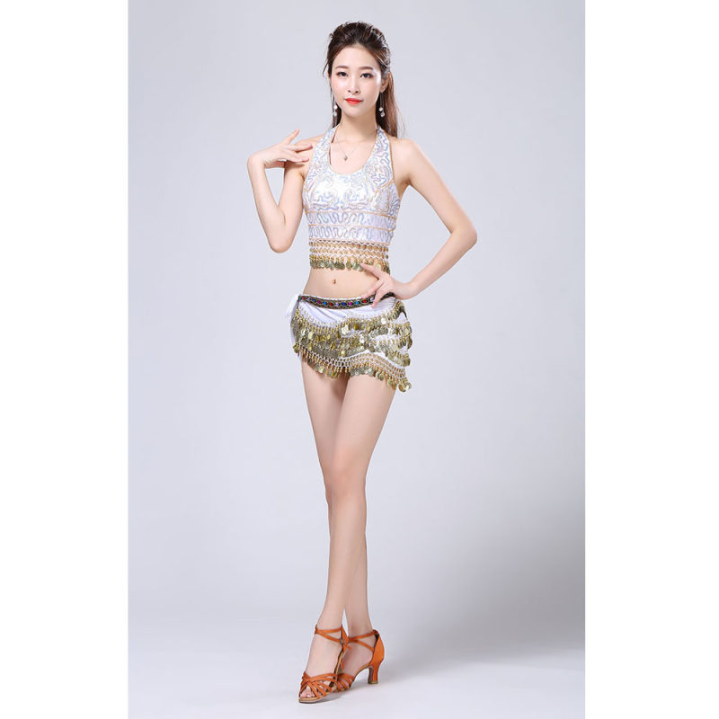 Stage Tie-up Halter Top and Skirt Belly Dance Rhinestone Sequins Sexy Tow Piece Costume D1815