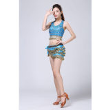 Stage Tie-up Halter Top and Skirt Belly Dance Rhinestone Sequins Sexy Tow Piece Costume D1815