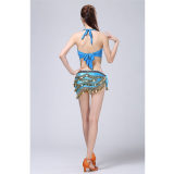 Stage Tie-up Halter Top and Skirt Belly Dance Rhinestone Sequins Sexy Tow Piece Costume D1815