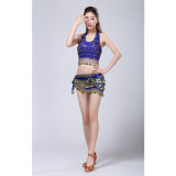Stage Tie-up Halter Top and Skirt Belly Dance Rhinestone Sequins Sexy Tow Piece Costume D1815