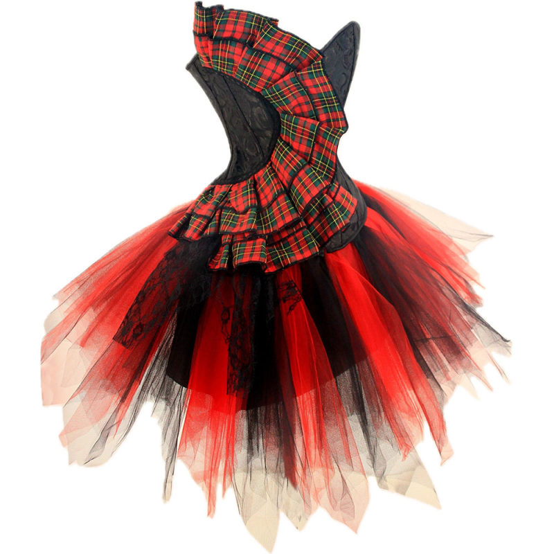 Traditional Checkered Lace Jacquard Corset Black and Red Mixed Color TUTU Chiffon Dress 2277