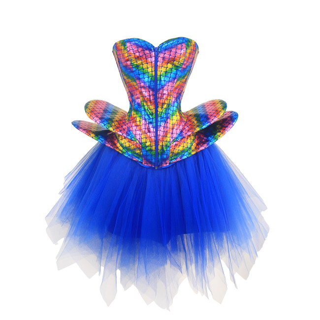 Fish Phosphorus Printed Corset Dance Performance Corset Puffy Skirt Stage Blue Corset 2406
